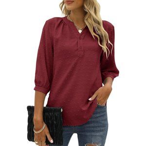 Womens Summer V Neck 3/4 Sleeve Blouses Dot Tunic Tops Casual Button Shirts